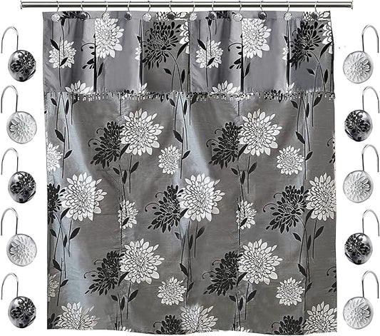 Zahari Home 13pc Erica Bathroom Fabric Shower Curtain Sets Bathroom Shower Curtain & 12 Shower Bathroom Hooks Modern Classic Luxury Contemporary Decor Grey Shower Curtain Stylish Bath Sets