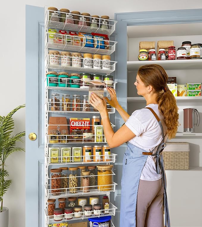 White 10-Tier Over The Door Pantry Organizer, Pantry Organization and Storage, Metal Hanging Adjustable Basket, Wall Spice Rack Seasoning Shelves, Home & Kitchen Essentials
