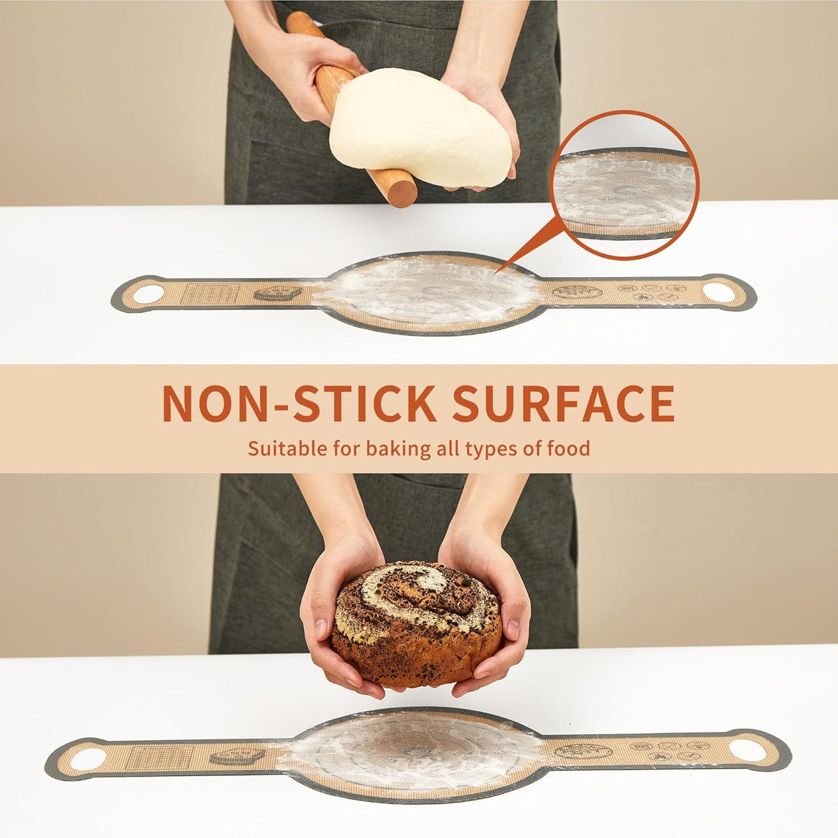 Silicone Sourdough Bread Sling Mat - 2Pcs Round Dough Baking Slings for Dutch Oven, NonStick High Degree Kitchen Sourbread Making Loaf Pan Lifter Liner, Reusable Cooking Transfer Mats with Long Handle