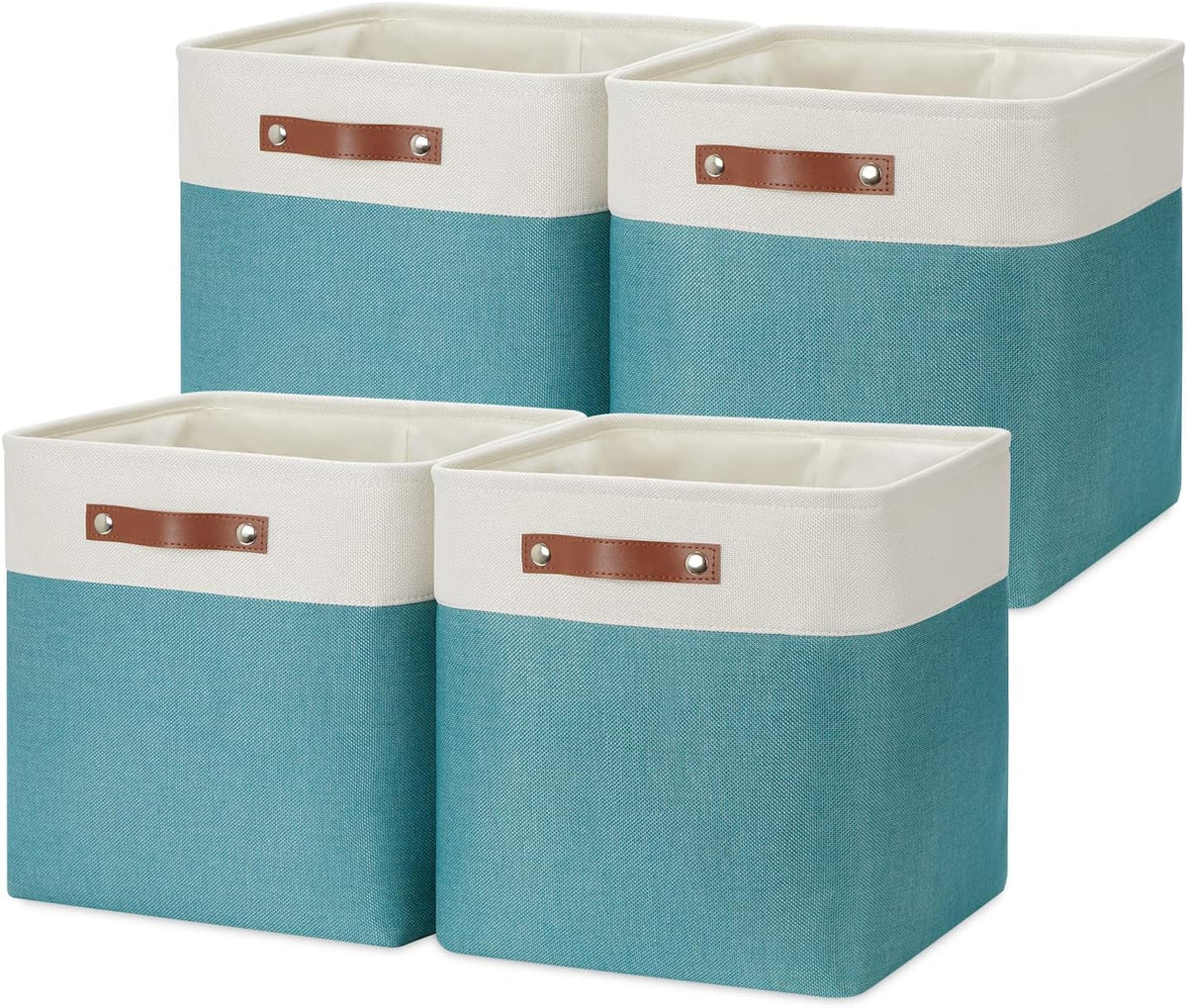 DULLEMELO Storage Bins for Organizing,Closet Storage Baskets for Gift Empty,Large Linen Canvas Storage Bins with Handles for Home Office Toys Shelves(White&Teal, 13 inch Cube)
