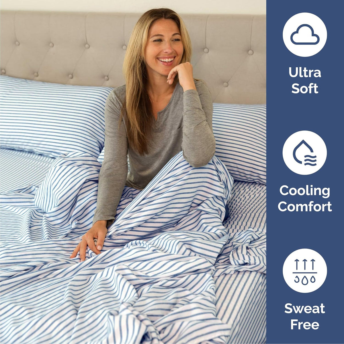 Cal King Size 4 Piece Sheet Set - Comfy Breathable & Cooling Bed Sheets Set - Hotel Luxury Bedding for Women, Men, Kids, Teens, Boys & Girls - Deep Pockets & Wrinkle Free - Oeko-Tex - Blue Stripes 2