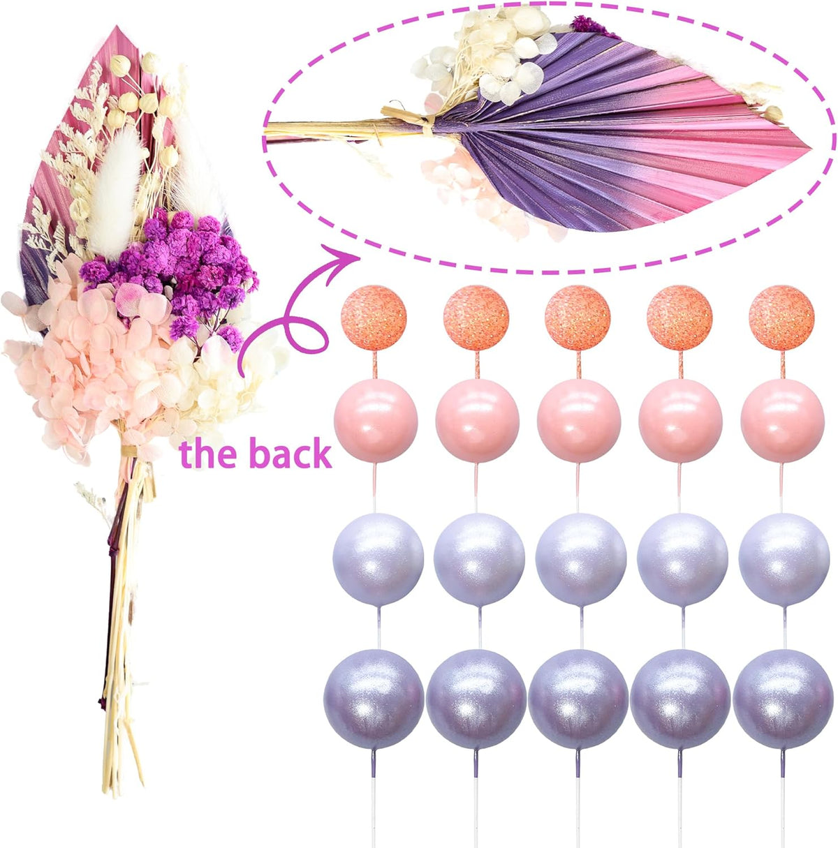 Gyufise 21 Pack Flower Boho Cake Topper Ball Cake Decorations Palm Leaves Plants Cake Decor for Girl Bohemian Princess Theme Wedding Baby Shower Birthday Party Supplies Pink Purple