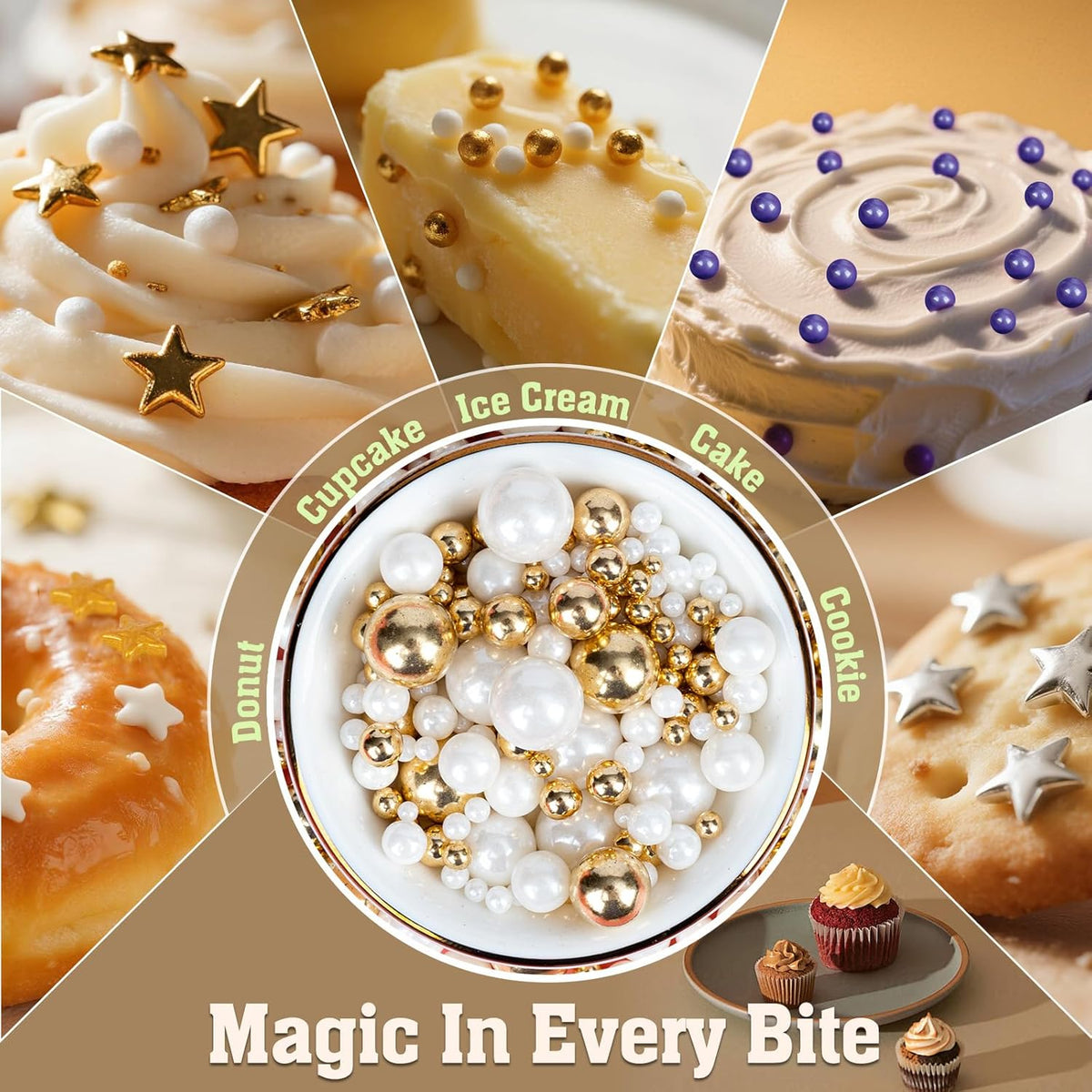 Twisweet Edible Pearl Sprinkles, Gold and White Pearls for Cake Decorating, Gold Sugar Sprinkles for Baking, Mix Size Candy Pearls, Cake Topper Ice Cream Toppings Cupcake Cookie Dessert Decorations, Christmas Wedding Birthday Party Supplies (130g/4.58oz)