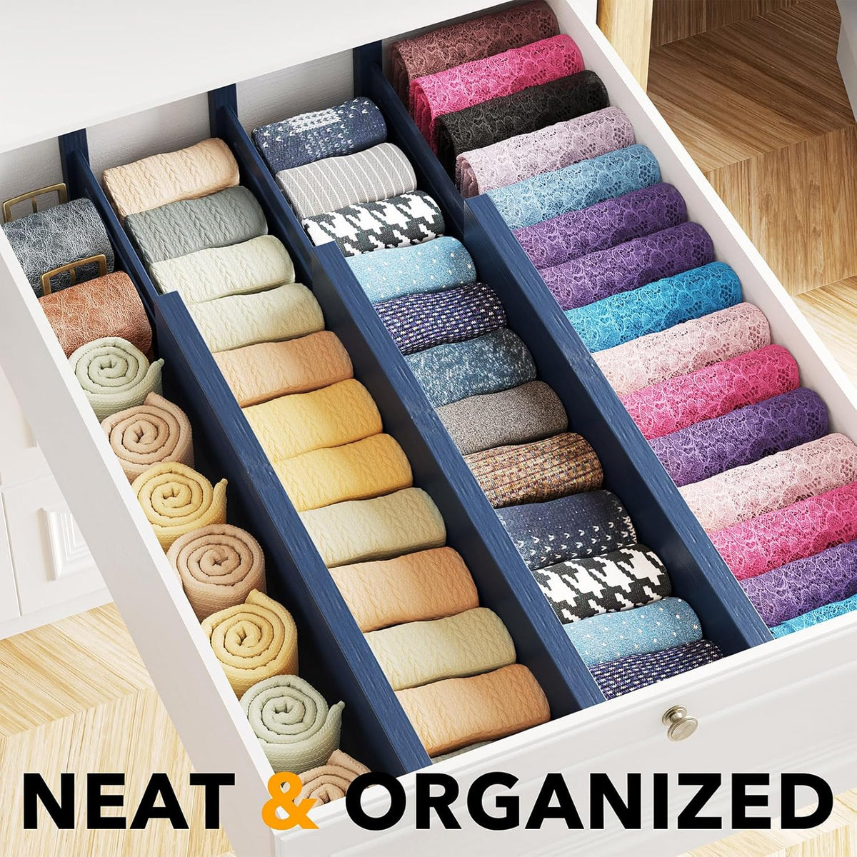 SpaceAid Bamboo Dresser Drawer Dividers 6 Pack, 4.65“ High Adjustable 17“-22” Drawer Organizers, Expandable Organization for Clothing, Clothes, Dressers, Navy Blue