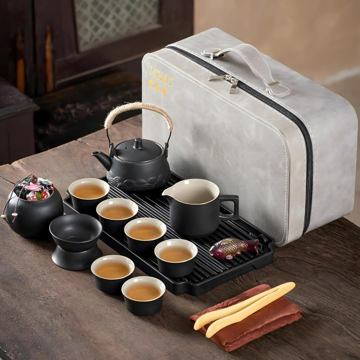 ICHAG Japanese Tea Set, Chinese Tea Sets for Adults, 15-Piece Porcelain Gongfu Tea Set with Tea Pet & Tea Tray, Japanese Teapot Set, Travel Tea Party Set, for Home/Office/Outdoor/Gifts