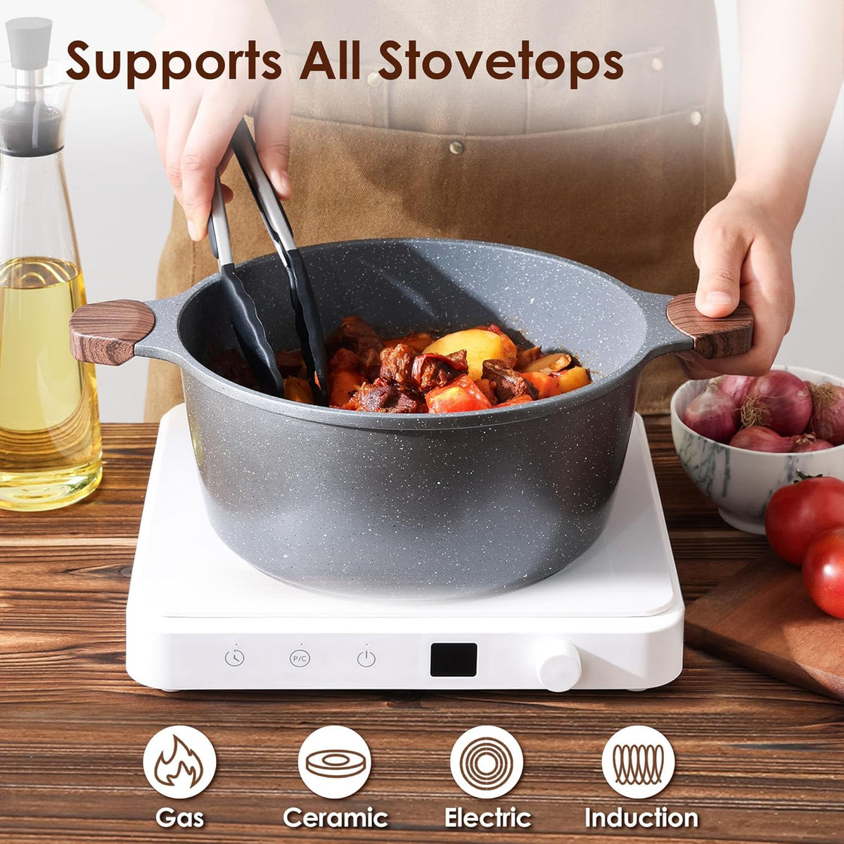 SENSARTE Nonstick Stock Pot with Lid, 4.5 Quart Induction Cooking Pot with Tempered Glass Lid, Stew Pot with Swiss Nonstick Granite Coating, PFOA PFOS APEO Free, Gray