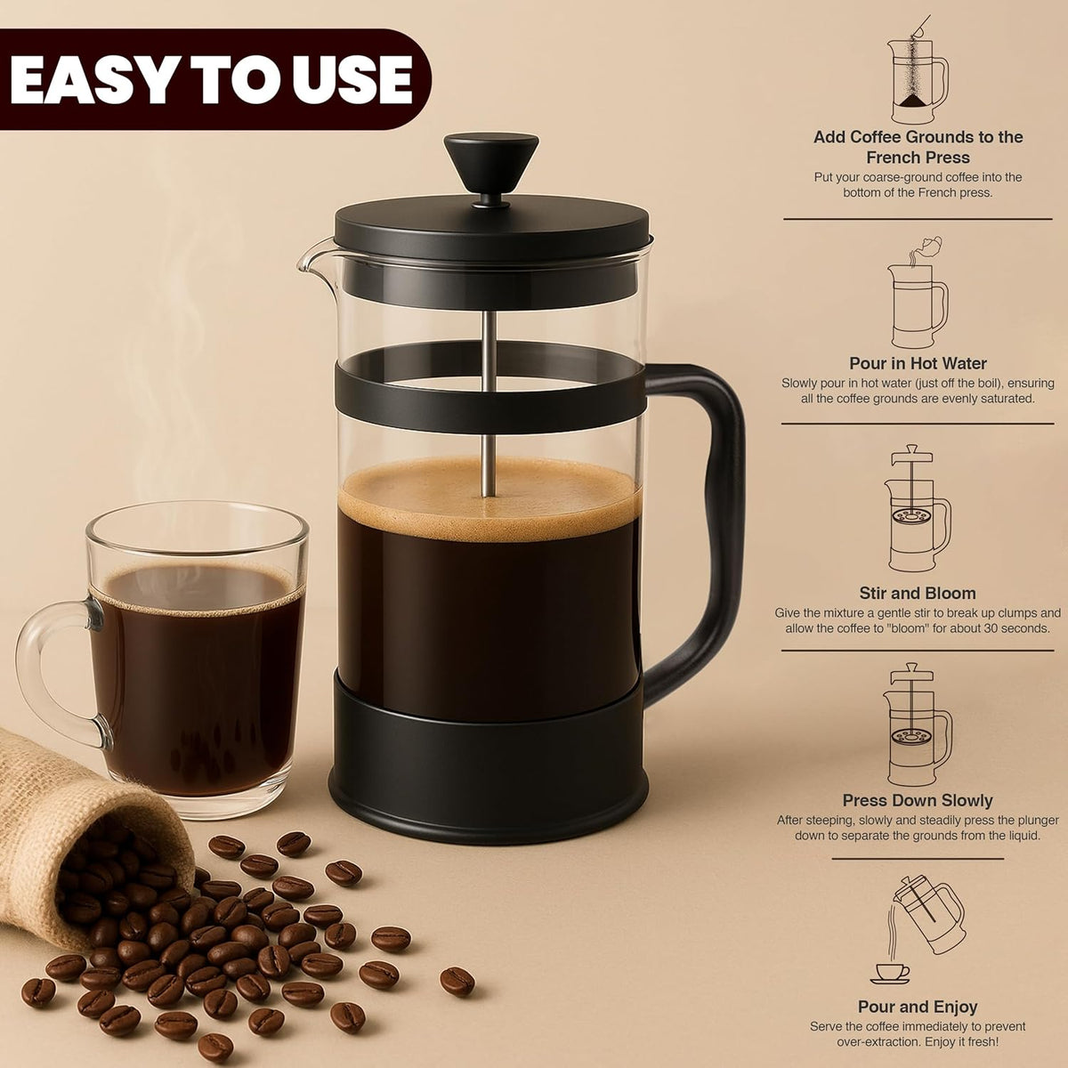 Utopia Kitchen 34 Ounce 1 Liter French Press Coffee Maker, Tea Maker, Travel Coffee Presses, Heat Resistant Thickened Borosilicate Coffee Pot for Camping Travel Gifts, Black Pack of 1