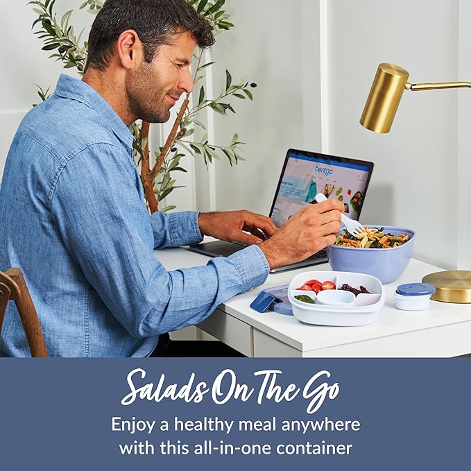 Bentgo Salad Container - 54 oz Bowl with 4-Compartment Toppings Tray, Leak-Proof Dressing Container, Reusable Fork, BPA-Free Lunch Box for Meal Prep & Food Storage; Removable Bento Tray (Slate)