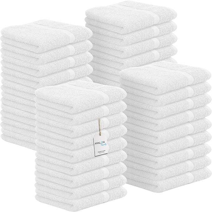 Avalon Towels Cotton Washcloths – (Pack of 36) Size 12x12 Inches, 100% Ring Spun Cotton, Absorbent, Soft Face Towels, Gym Towels, Hotel and Spa Quality, Reusable Fingertip Towels (White)