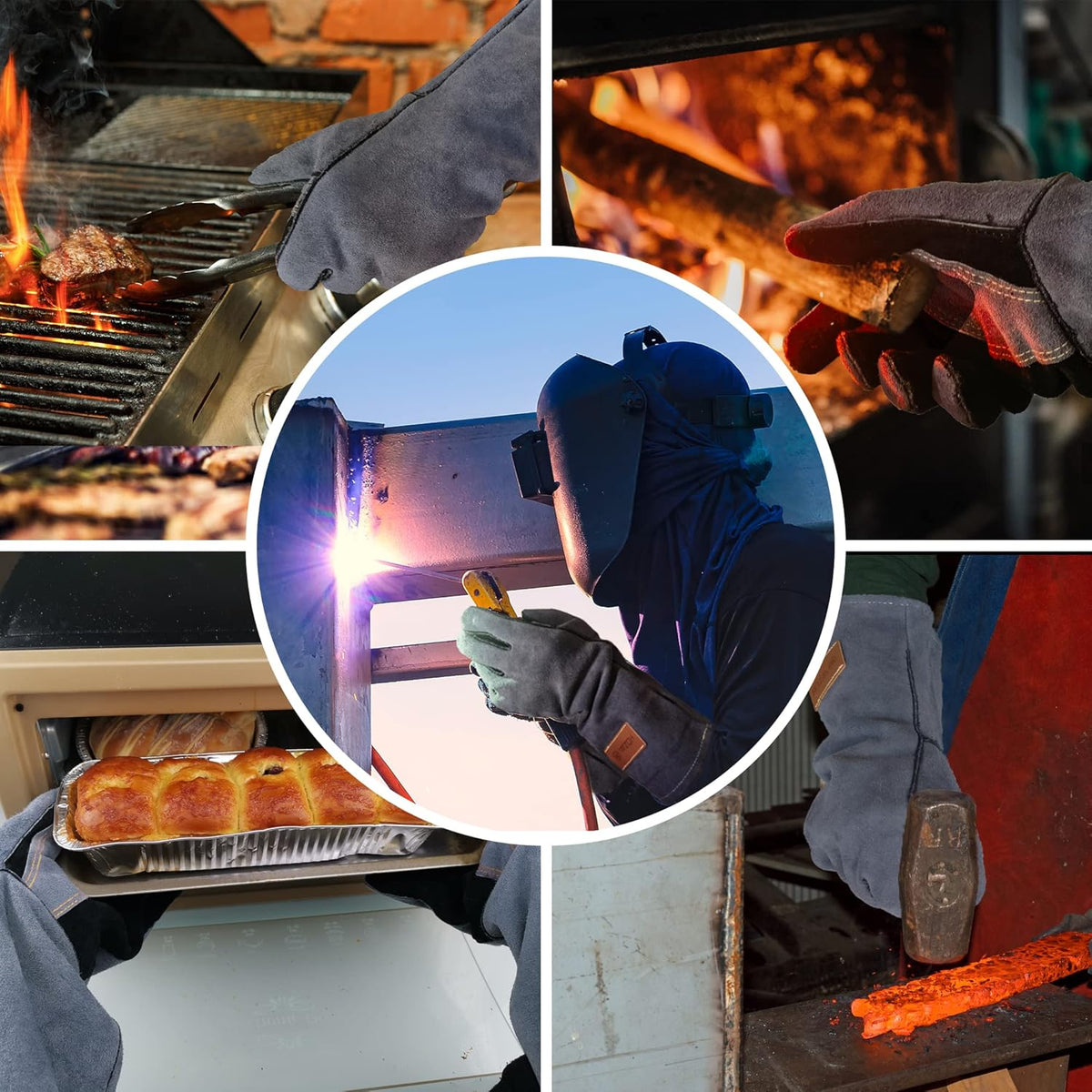 16 Inches,932℉,Leather Welding Gloves extra Large, Heat/Fire Resistant,Mitts for BBQ,Oven,Grill,Fireplace,Tig,Mig,Forge,Baking,Furnace,Stove,Pot Holder,Animal Handling Glove. XL, Black-gray