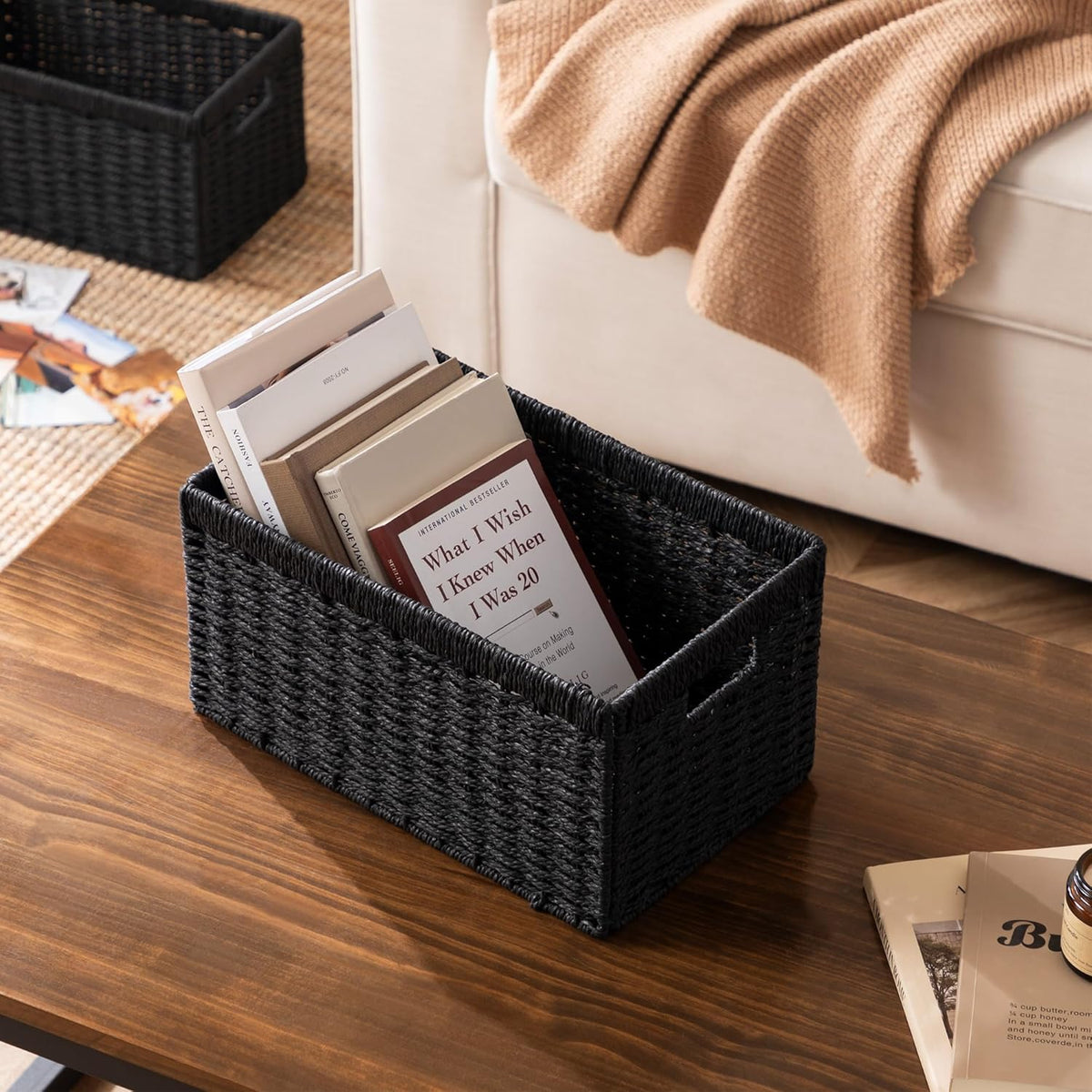 UBBCARE 3 Pack Wicker Basket, 13.4L×8.3H×7.1W inch Woven Paper Rope Storage Baskets for shelves, Foldable Rectangular Storage Baskets with Handle, Storage Basket for Organizing, Black