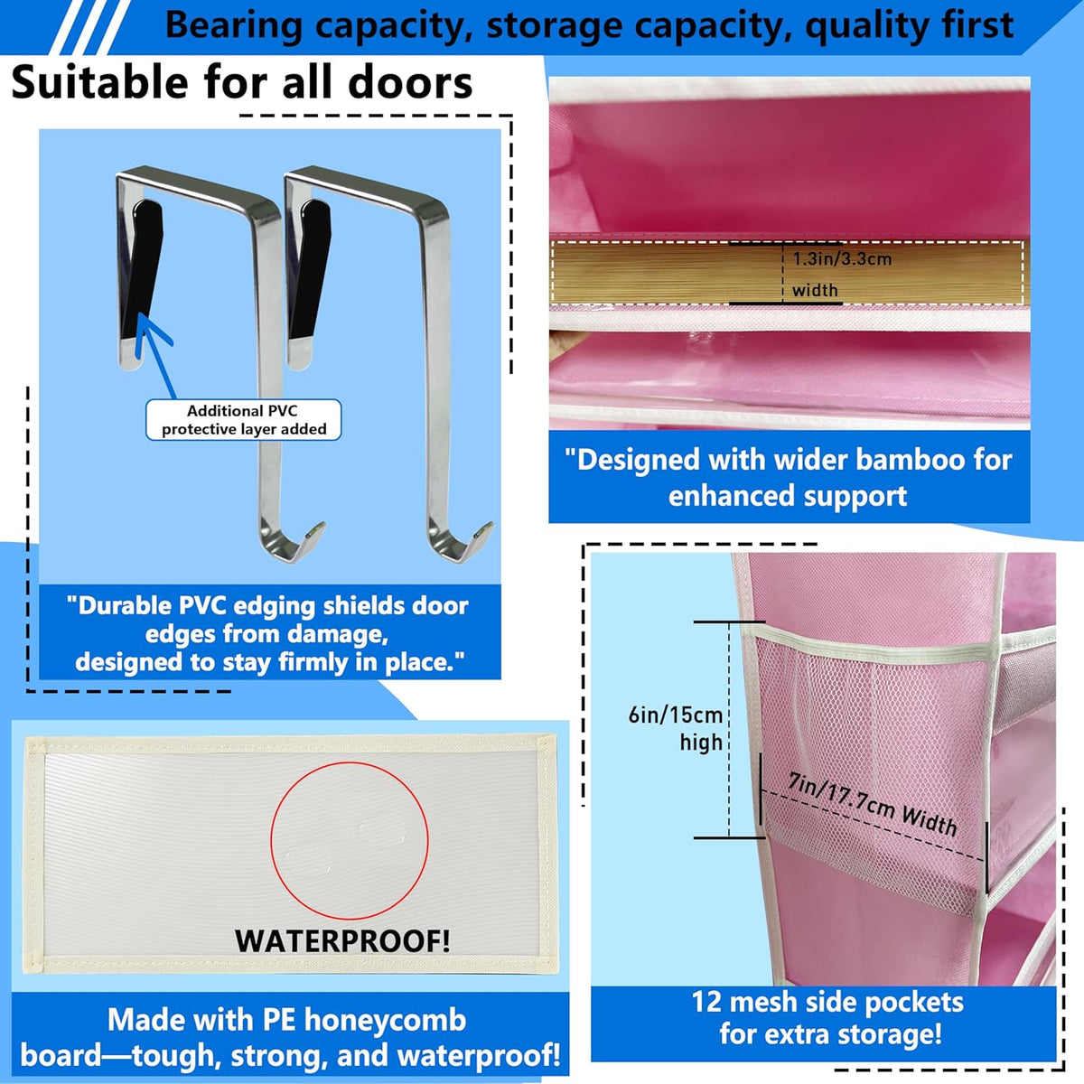 over the door organizer, Solid Bamboo Board (Not Plastic!) 6-Tier Heavy Duty 75LB, 12 Side Pockets, 3 Reinforced Hooks & Anti-Slip Pads, Waterproof & Washable, No Sagging, No Door Damage,Pink