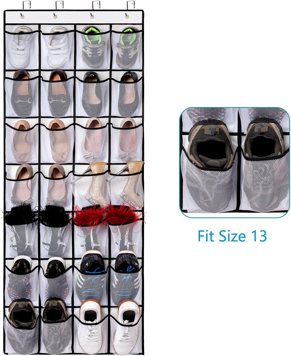 REGELETO 2 Pack 28 Pocket Over the Door Shoe Organizer, Hanging Shoe Rack for Door Large Capacity Shoe Organizer Holder with 4 Metal Hooks (White-2Pack)