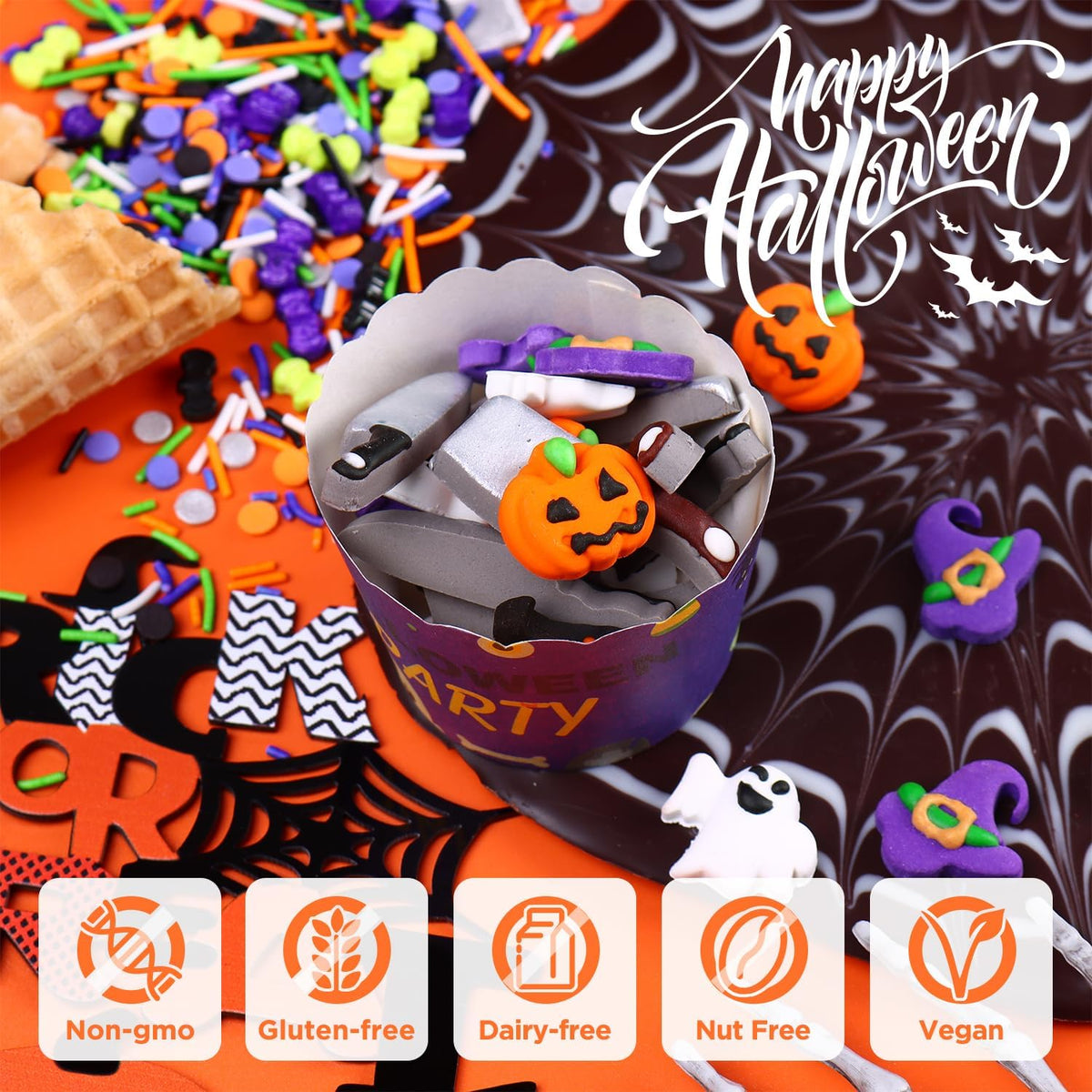 Edible Halloween Cake Decorations, Pumpkin Cupcake Toppers, Ghost Cake Decorations, Edible Knives Cupcake Toppers, Witch Hats for Cake Decorating, Cookies, Cupcakes, Macaron, and Ice Cream