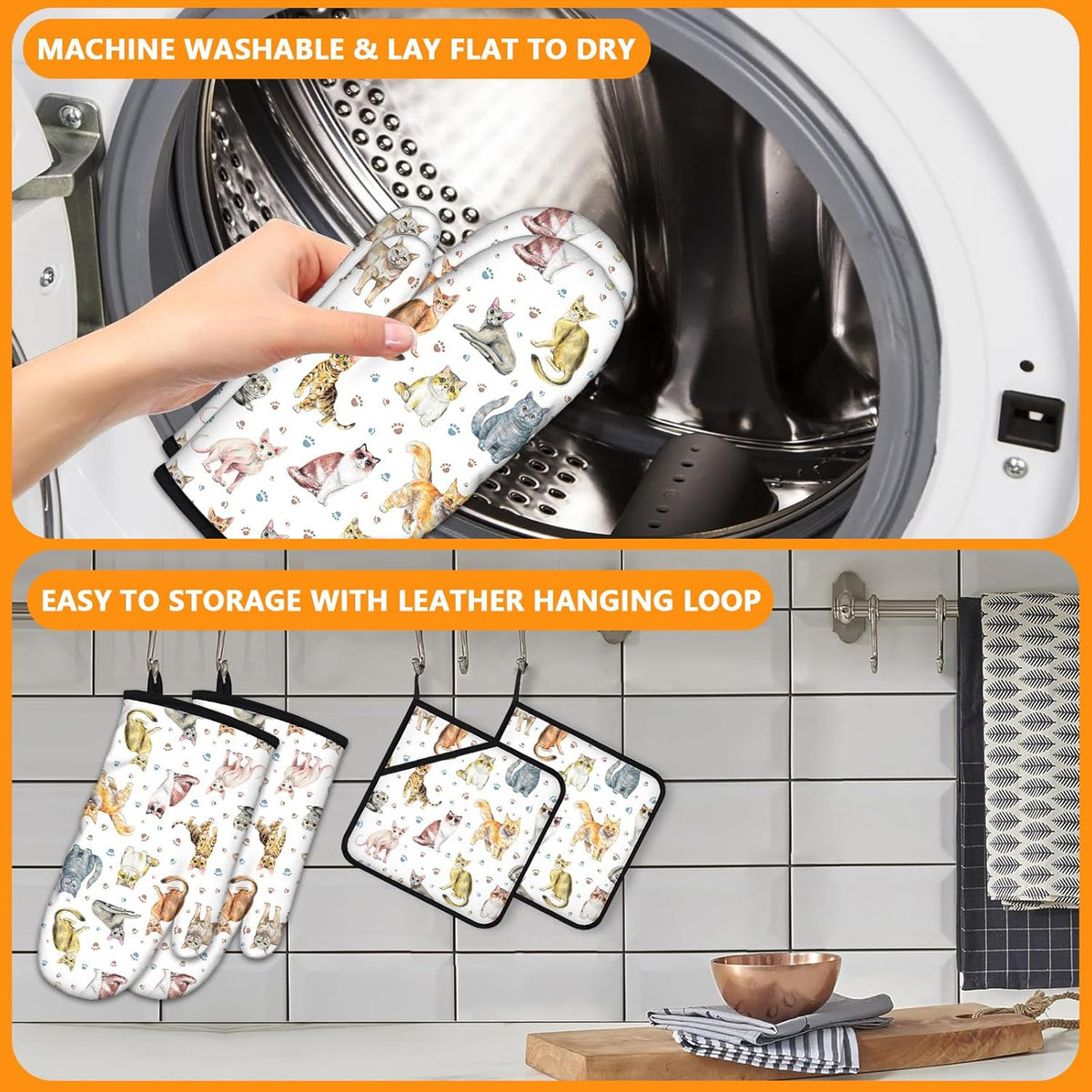 Cute Cats Oven Mitts and Pot Holders Sets 4Pcs,Extra Long Oven Gloves Potholder for Kitchen Cooking Baking BBQ 100% Cotton Heat Resistant