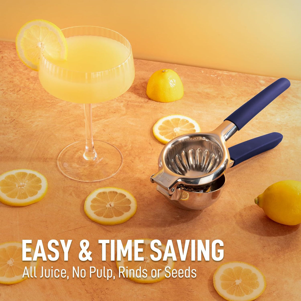 Zulay Lemon Squeezer Stainless Steel with Premium Heavy Duty Solid Metal Squeezer Bowl and Food Grade Silicone Handles - Large Manual Citrus Press Juicer and Lime Squeezer Stainless Steel (Navy)
