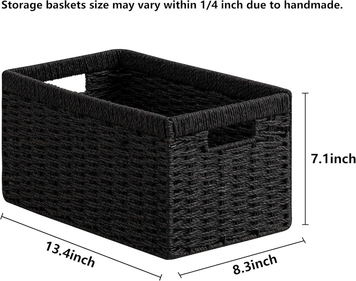 UBBCARE 4 Pack Wicker Basket, 13.4L×8.3H×7.1W inch Woven Paper Rope Storage Baskets for shelves, Foldable Rectangular Storage Baskets with Handle, Storage Basket for Organizing, Black