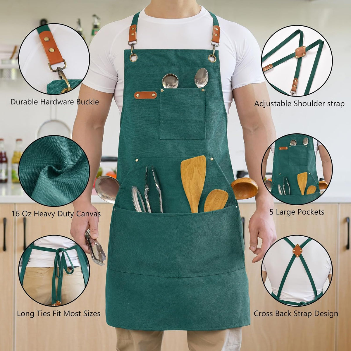 Canvas Aprons for Men Chef Apron, Work Apron with Large Pockets - 16oz Heavy Duty Cross Back, BBQ, Cooking