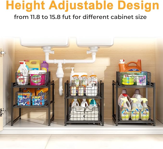 Under Sink Organizer, 2-Tier Pull Out Cabinet Organizer, Adjustable Height Bathroom Organizer and Storage, Spice Rack for Kitchen, Sliding Drawers Shelves 13.8×11×15.8 Inch (1 Pack)