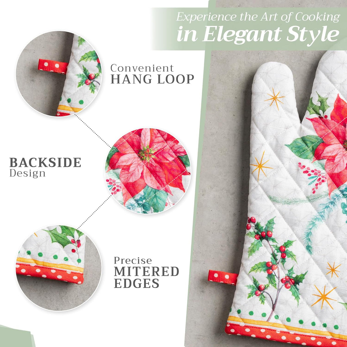 Maison d' Hermine Oven Gloves 100% Cotton Oven Mitt 7" x 13" with Loop Heat Resistant, BBQ, Cooking Gloves, Baking, Grilling, Kitchen, Handling Hot Pans (Pack of 1, Poinsettia Christmas)