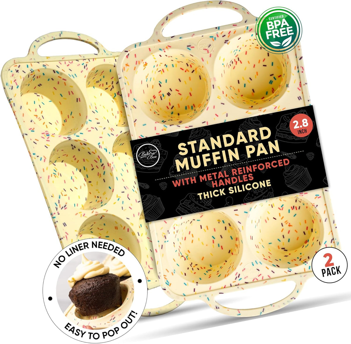 2 Pack Confetti Regular Size 6 Cup Silicone Muffin Pans for Baking, Non-Stick Silicone Cupcake Pans for Baking,Easy-Release, Metal Handles, Dishwasher Safe & BPA Free - Confetti Color