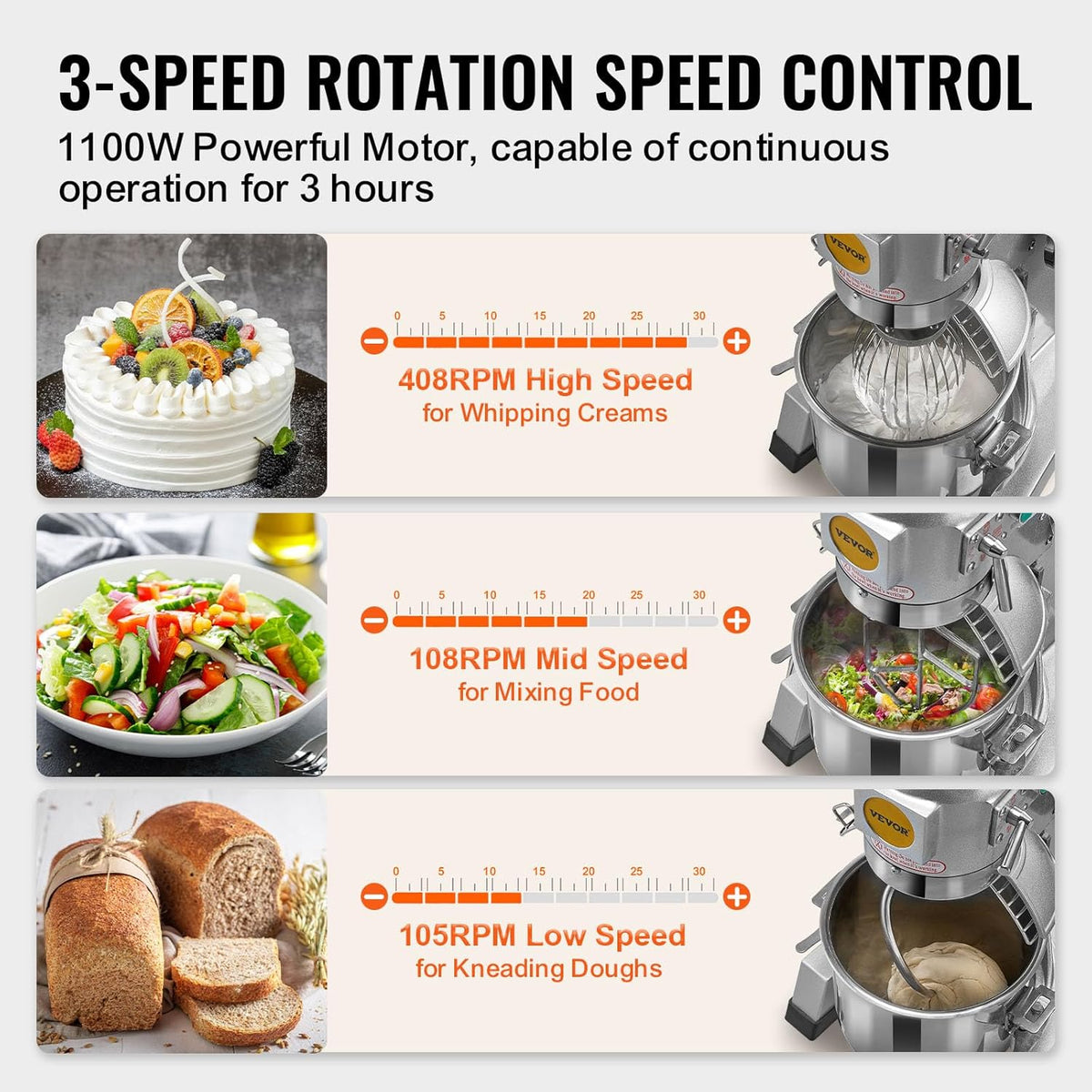 VEVOR Commercial Mixer 30Qt, Commercial Food Mixer Stainless Steel Bowl, 1100W Commercial Stand Mixer with 3 Speeds Adjustable, Dough Hook Whisk Beater Included, Perfect for Bakery Pizzeria, Silver