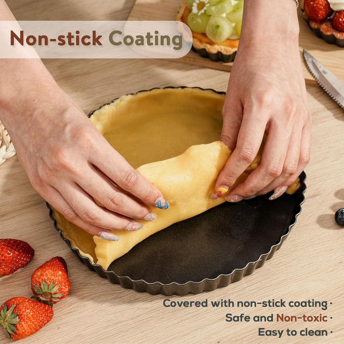 Sturdy Nonstick Tart Pan 9 inch Removable Bottom, Round Carbon Steel Quiche Pan for Baking, Heavy Duty Tart Mold loose for Pie, Mousse Cakes,Fruit and Desserts