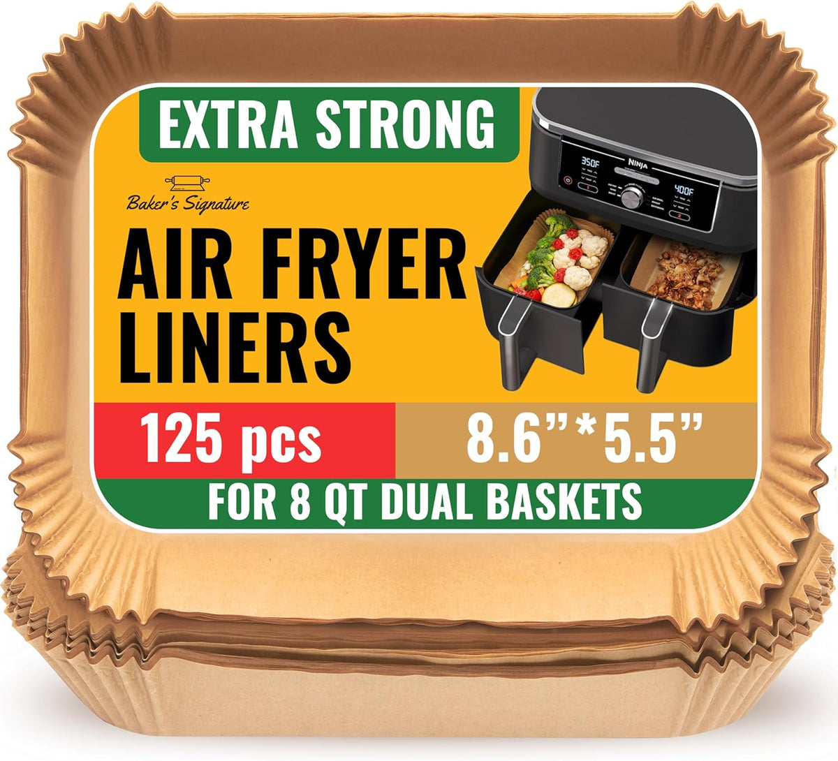 Air Fryer Liners for Ninja Foodi Dual – 125Pcs Disposable Parchment Paper for Ninja DZ201 DZ401, Instant Pot Vortex Plus, PowerXL Vortex – Non-Stick and Oil Proof for Easy Cleanup by Baker's Signature