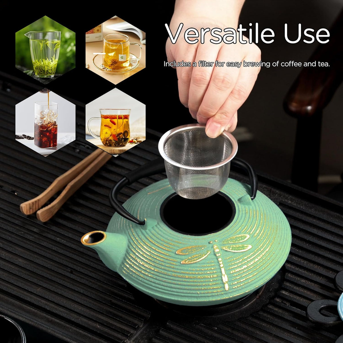 Cast Iron Teapot Set with 2 Tea Cups, 7 Pcs Japanese Tea Kettle with Stainless Steel Infuser, Tea Pot Coated with Enameled Interior, Dragonfly Pattern, 28oz 800ml Green