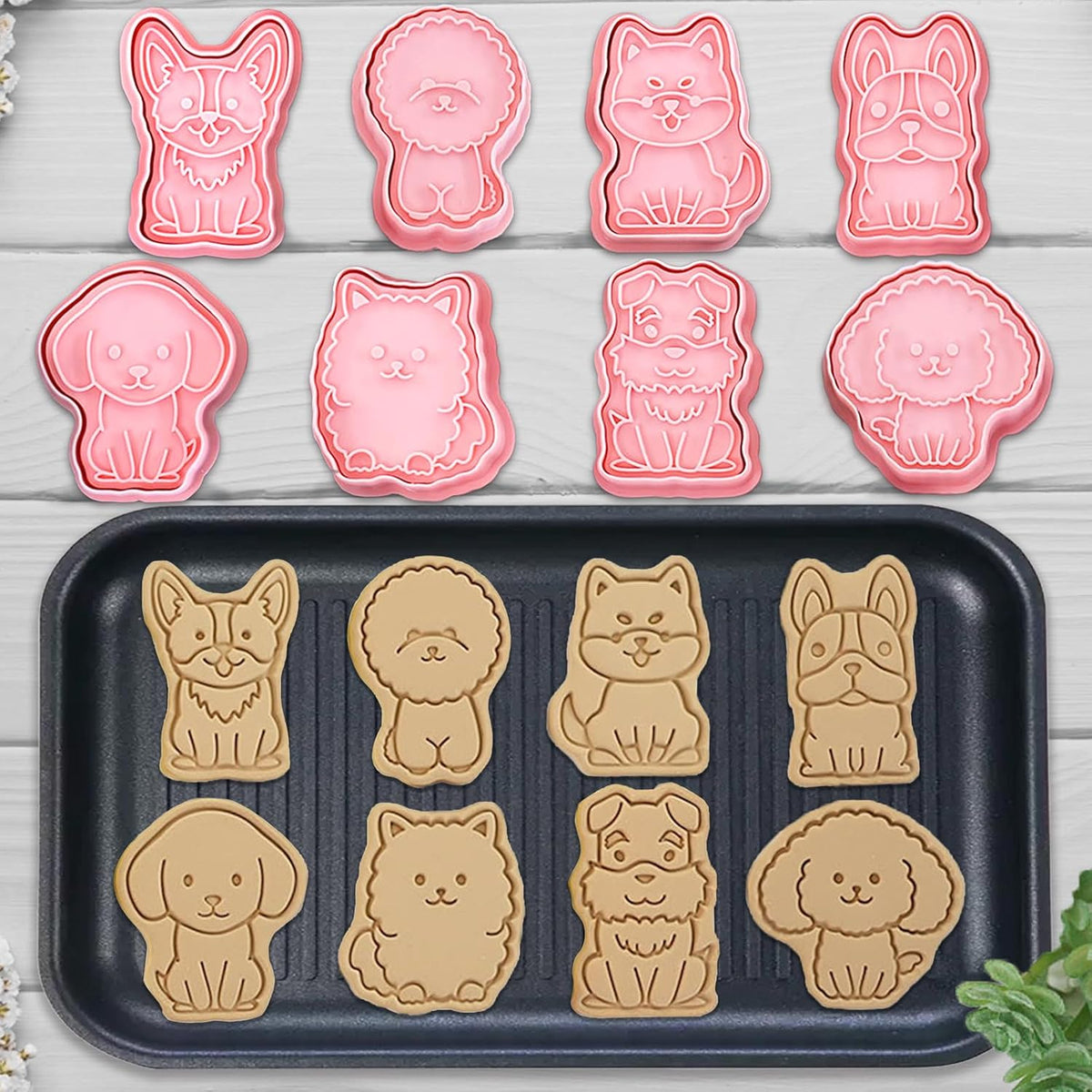 8 Dog Cookie Cutters Set, 3D Puppy Cookie Stamps, Cupcake Pancake Apple Pie Pastry Biscuit Molds, Cookie Baking Molds for Dog Party Decorations (Puppy)