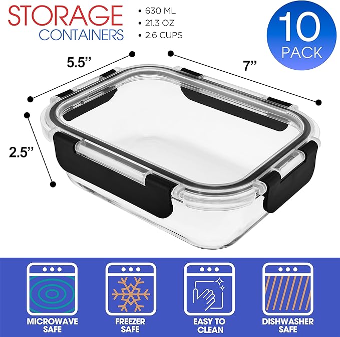 Sorbus 20pc Glass Meal Prep Containers Set – 10 Glass Food Storage Containers (21.3oz, 2.6 Cups) with Airtight Lids – Freezer, Dishwasher, and Oven Safe – Reusable Containers for Meal Prep and Storage