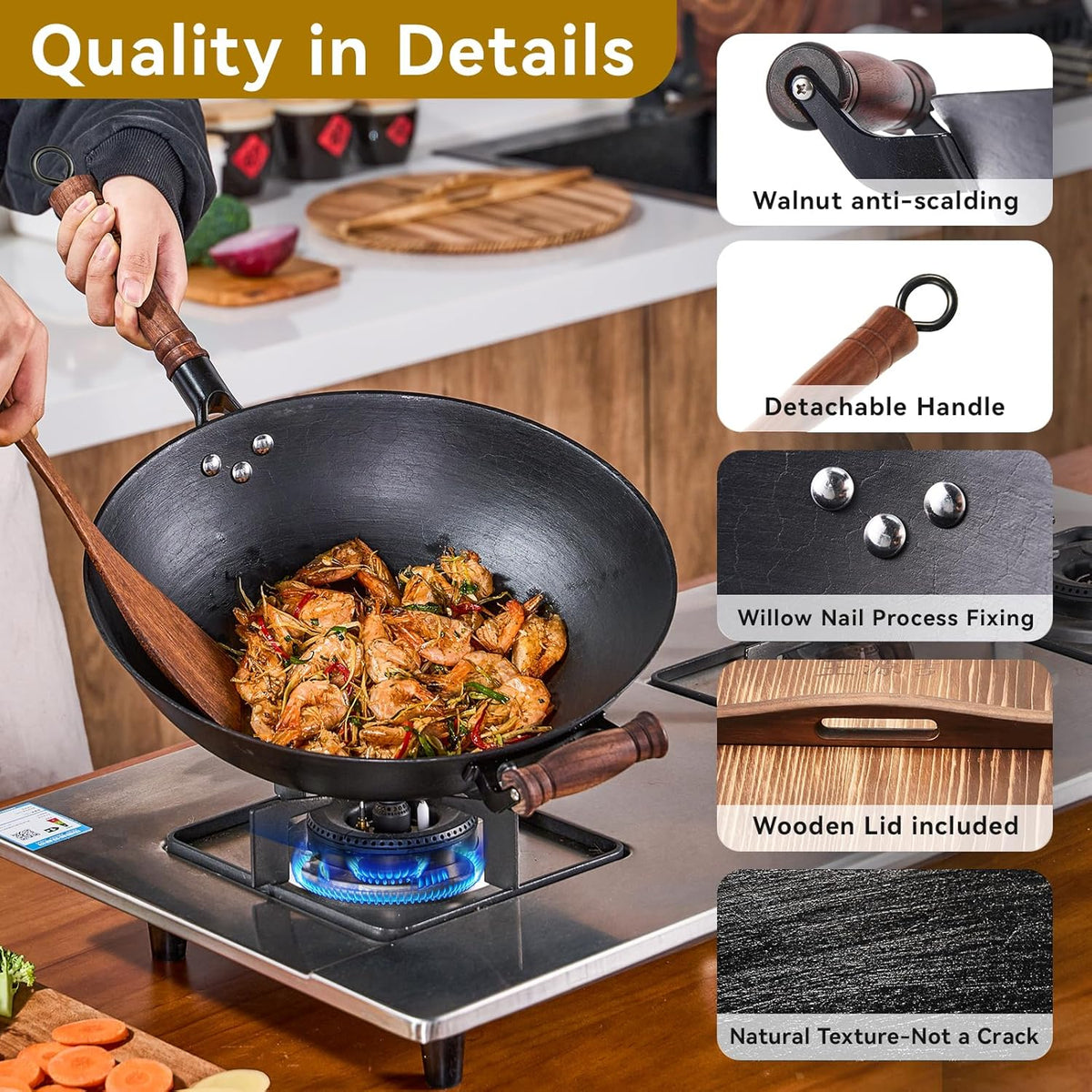 WANGYUANJI Cast Iron Pot,13.4 inch Craft Wok Chinese Wok,Flat Bottom Iron Woks with Lid,Fry Pan Suitable for Induction, Electric, Gas, Halogen All Stoves-Black
