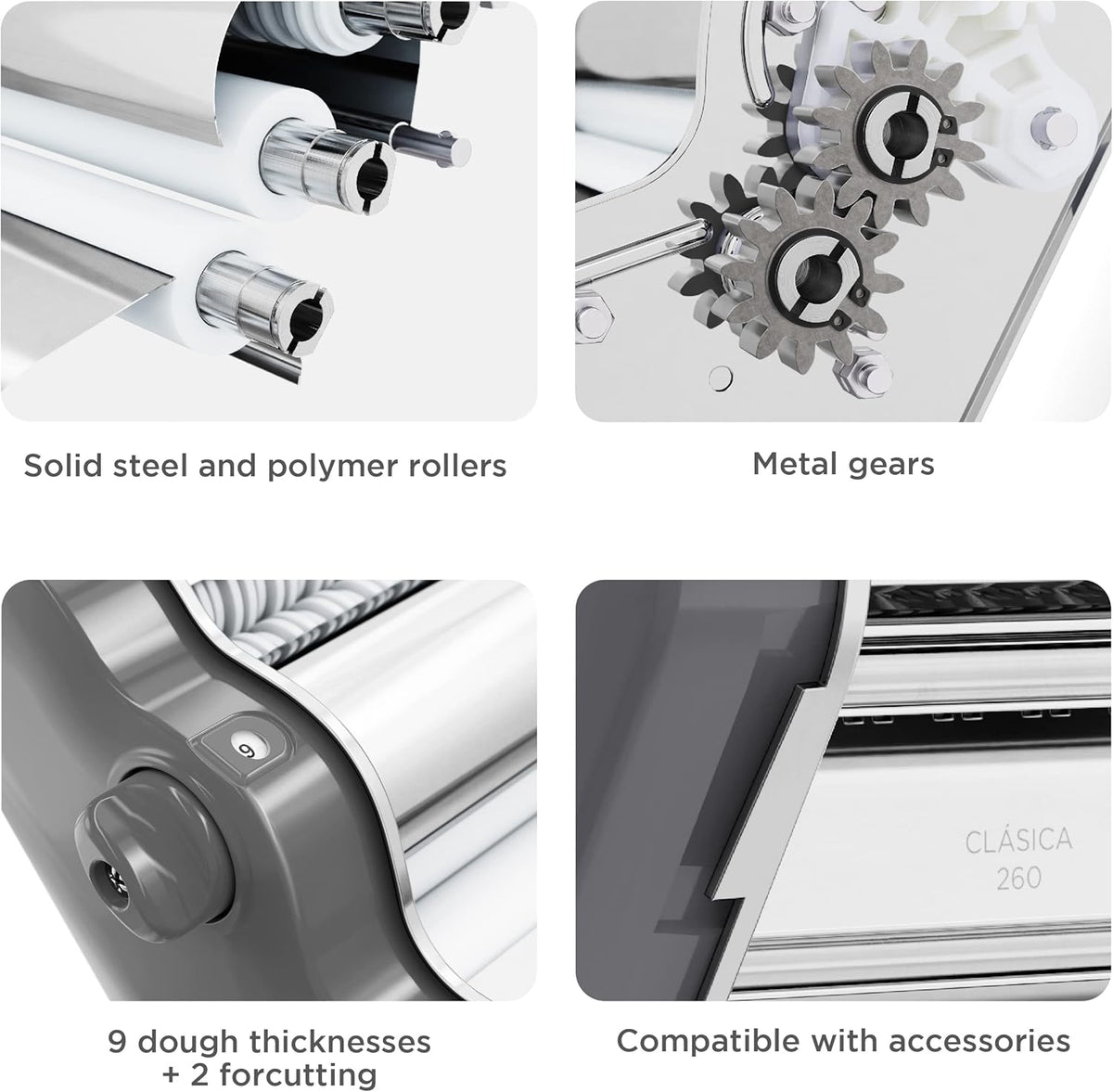 PASTALINDA Classic 260 Pasta Maker Machine, 26 cm Wide Rollers, 9 Thickness Positions, 2 Cutting Positions, Stainless Steel. Includes Reinforced Hand Crank And Two Clamps (Gray)