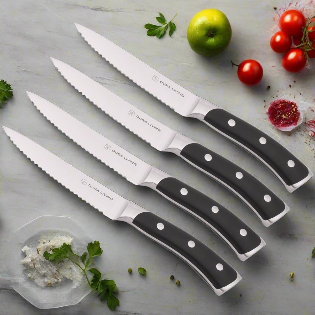 4-Piece Serrated Kitchen Steak Knife Set – Forged High Carbon Stainless Steel, Ultra Sharp, Ergonomic Black Handles, Durable Dinner Knives, Black Handle