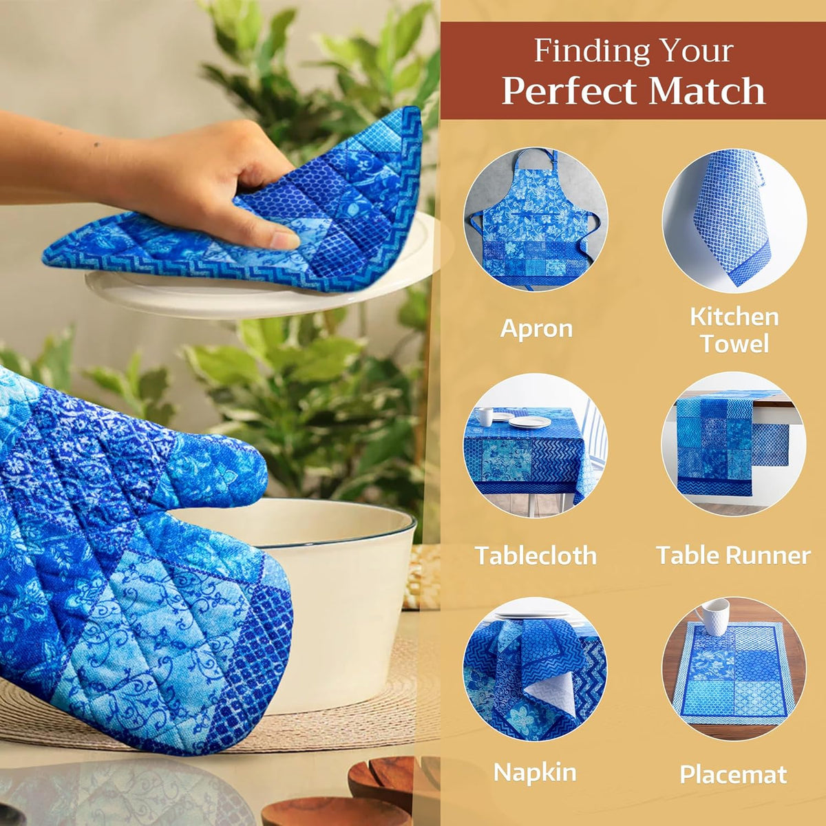 Maison d' Hermine Oven Gloves 100% Cotton Oven Mitt 7" x 13" with Loop Heat Resistant, BBQ, Cooking Gloves, Baking, Grilling, Kitchen, Handling Hot Pans Spring/Summer (Pack of 1, Indigo Love)