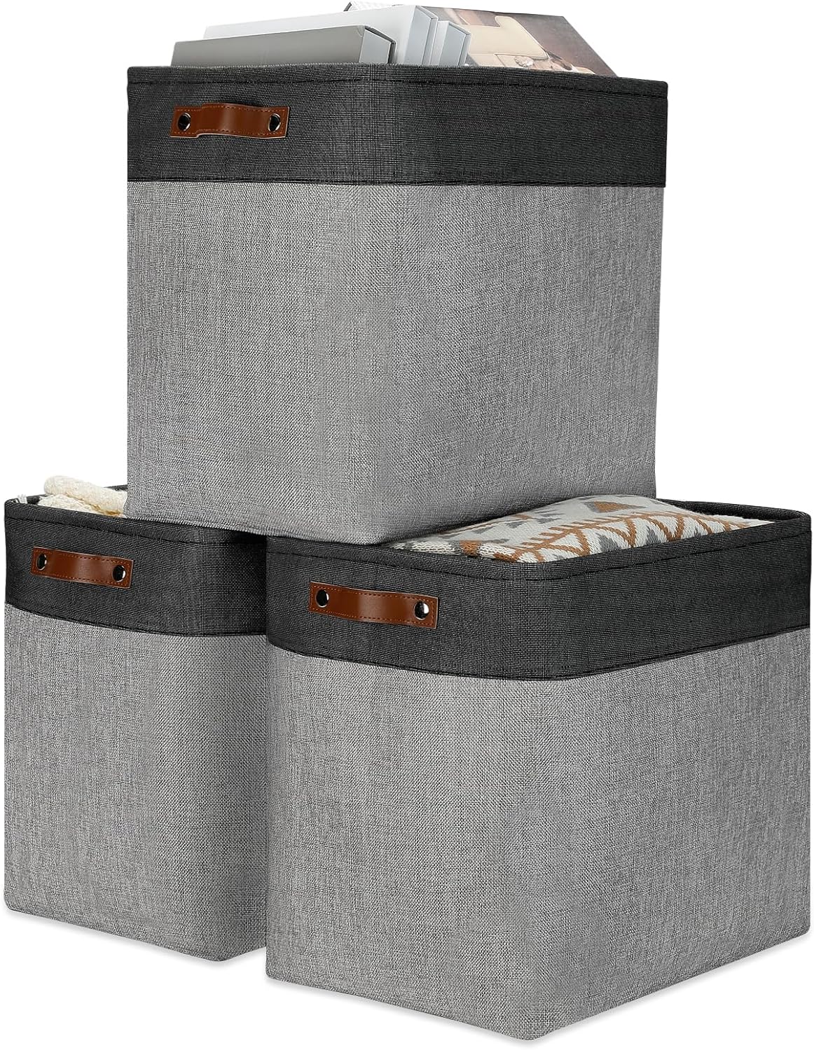 DULLEMELO Grey Storage Baskets for Organizing 3 Pack Fabric Shelf Baskets for Gifts Empty Large Storage Organizer for Closet,Clothes,Toys,Bedroom (Black&Grey)