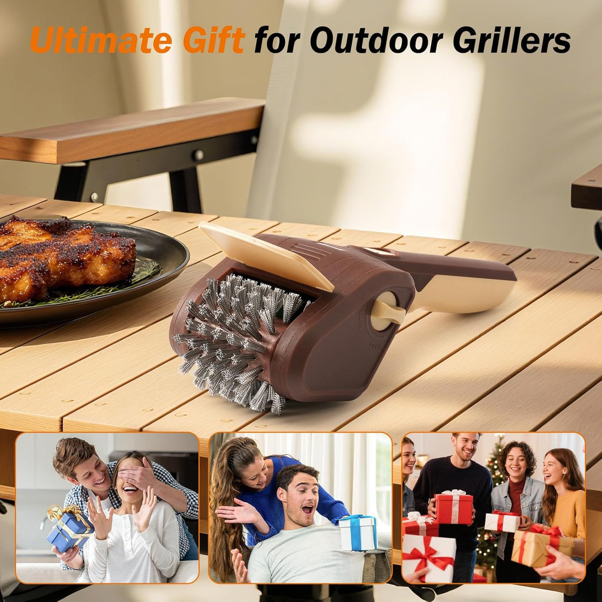 Grill Brush for Outdoor Grill, Cordless Electric BBQ Grill Cleaner with 700 RPM Stainless Steel Brush, Rechargeable Grill Cleaning Brush, Brown
