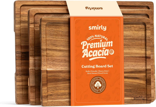 SMIRLY Wood Cutting Board, Bamboo Cutting Board Set, Chopping Board and Wooden Cutting Boards for Kitchen, Small Wood Cutting Board and butcher block (Acacia Wood, 3 Pack)