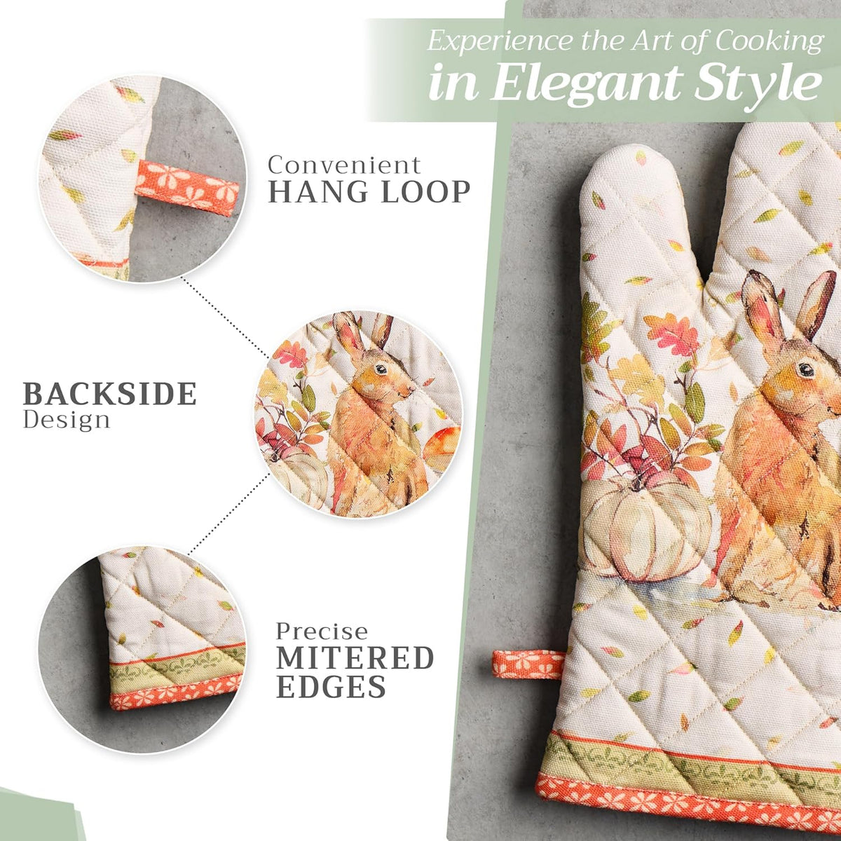 Maison d' Hermine 100% Cotton Oven Mitt & Pot Holder Set (7.5"x13" & 8"x8") Heat Resistant BBQ Cooking Gloves with Loop, Baking, Grilling, Kitchen, Handling Hot Pans (Pumpkin Passion)