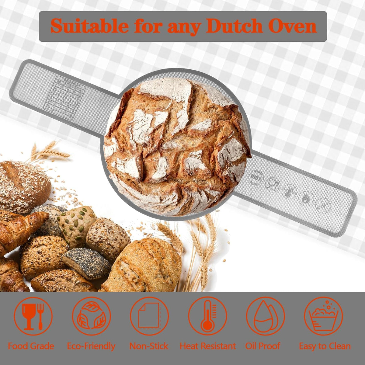 UBeesize Thickened Silicone Bread Sling, Reusable Sourdough Bread Baking Mat For Dutch Oven 2-8 Qrt, Non-Stick, Easy To Clean, With Extra Long Handles Bread Baking Sheet Liner, Grey