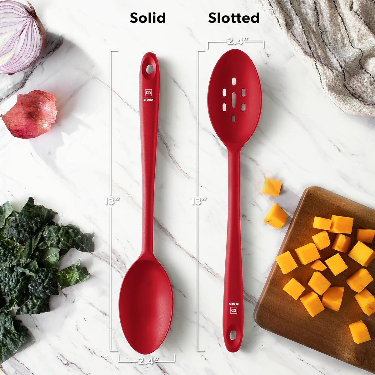 DIORO Silicone Mixing & Serving Spoons - Large Heat-Resistant Non Stick Utensils Big Solid & Slotted Basting & Stirring Spoons - Dishwasher Safe (2pc, Red)