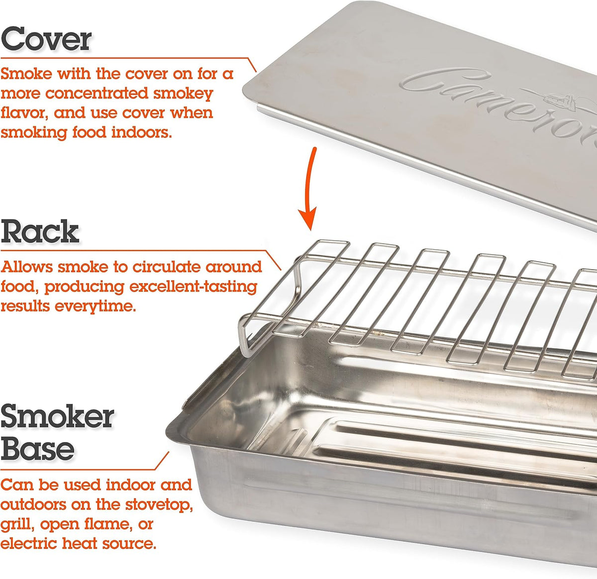 Camerons Indoor Outdoor Stovetop Smoker - Stainless Steel Barbecue Smoker Box w/Oak Wood Chips & Recipes - Works On Any Heat Source, Stovetop or BBQ Grill for Smoking Meats - Grilling Gift for Men