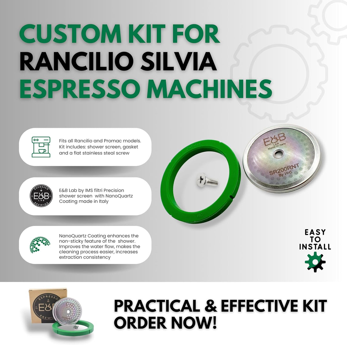 Custom Tune Up Kit 3in1 for Rancilio Silvia. IMS Nanotech Reinforced Screen SRT200NT, Cafelat Gasket - Green, Flat Screw