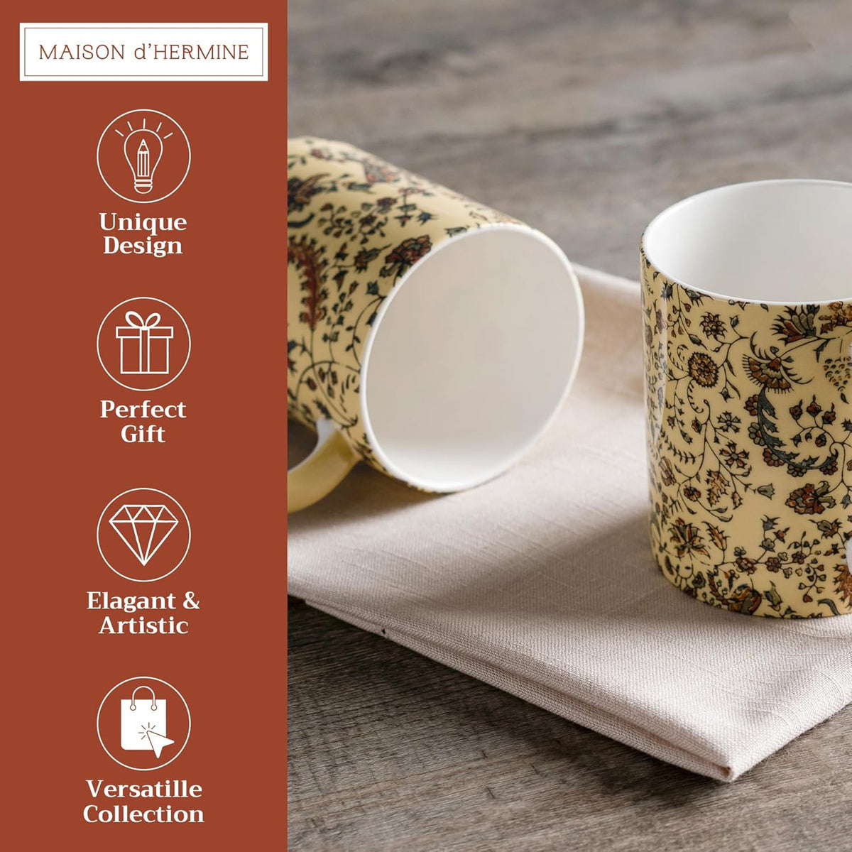 Maison d' Hermine Coffee Mug with Handles Fine Bone China Mugs Pack of Two Tea Cups for Hot Beverages Cappuccino Latte Home Restaurant Office Perfect for Gift (Lakshmi, 12 Ounce)