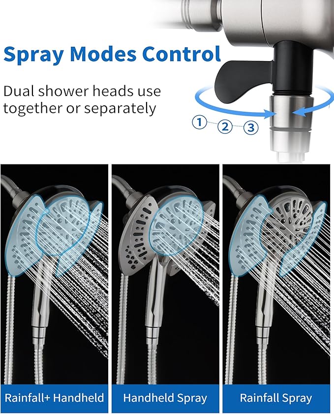 2-in-1 Shower Head with Handheld Combo: 2.5GPM Rainfall Shower Head & Detachable Shower Head Use Together or Alone, 9 Spray Settings Hand Held Showerhead with Hose, Nickel