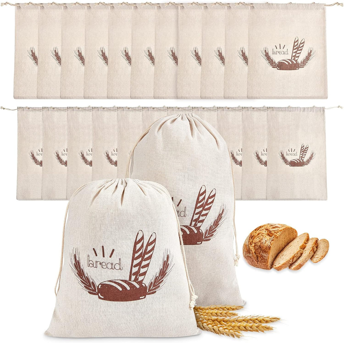 Dunzy 20 Pcs Linen Bread Bag Reusable Container Drawstring Bread Bags Storage Unbleached for Food Baking Kitchen Sandwich Bakery Picnic Wedding Wrapping Camping (10 x 12 Inch, 11 x 17 Inch)