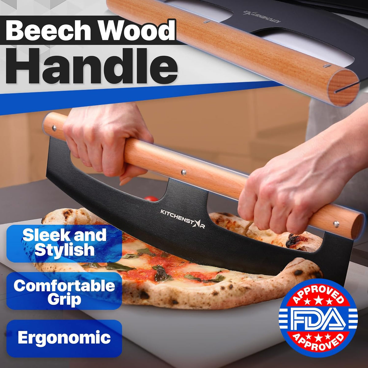 KitchenStar 14-Inch Pizza Cutter Rocker Blade - Razor Sharp Stainless Steel Slicer Knife, Stylish Beech Wood Handle, Protective Cover - Professional Pizza Oven Accessories, Black