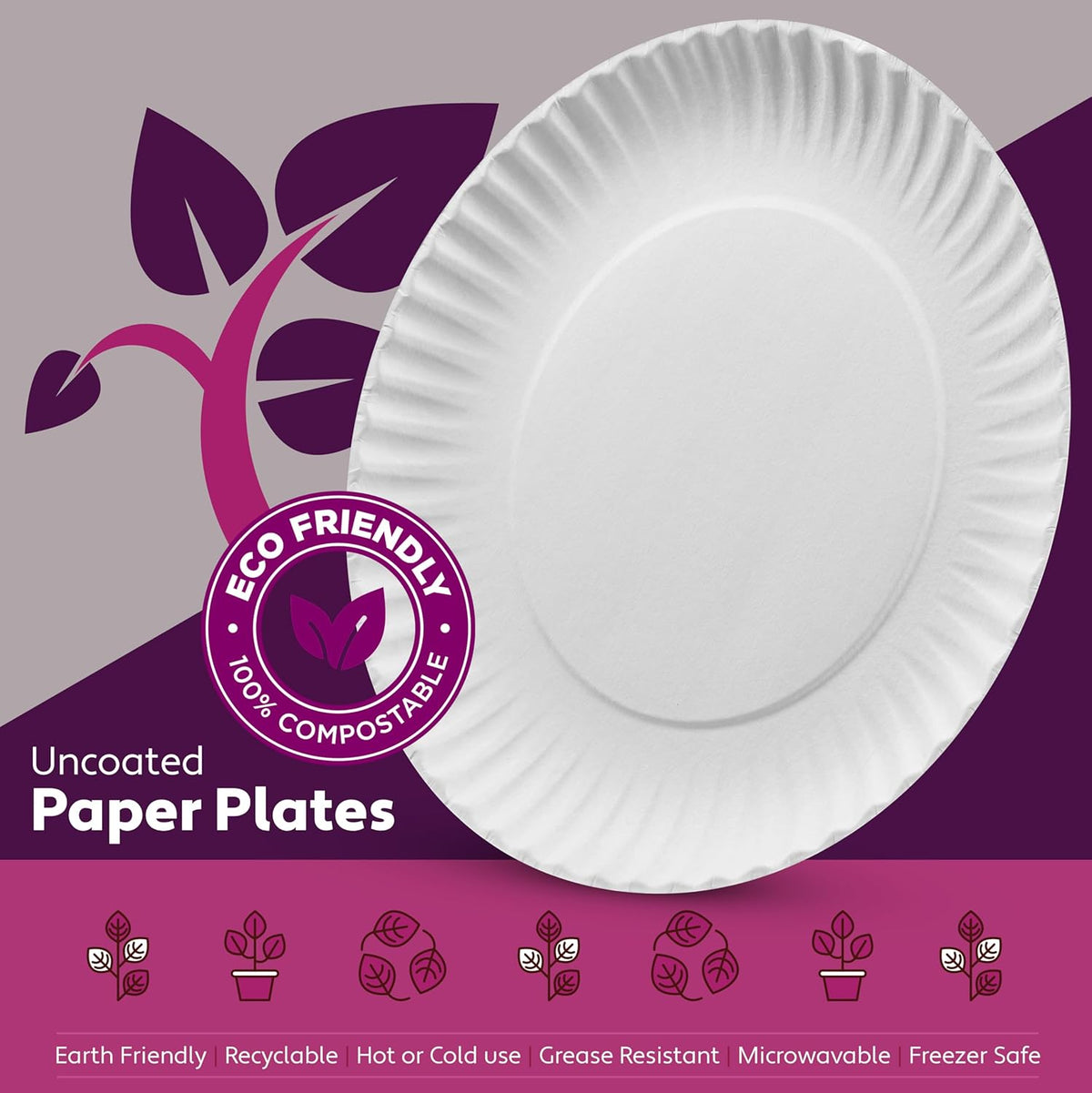 Munfix 500 Pack Uncoated Paper Plates 9 Inch, Everyday Disposable Plates, White Dinner Plates for BBQ Party, Picnics, Travel and Events, Microwavable Recyclable