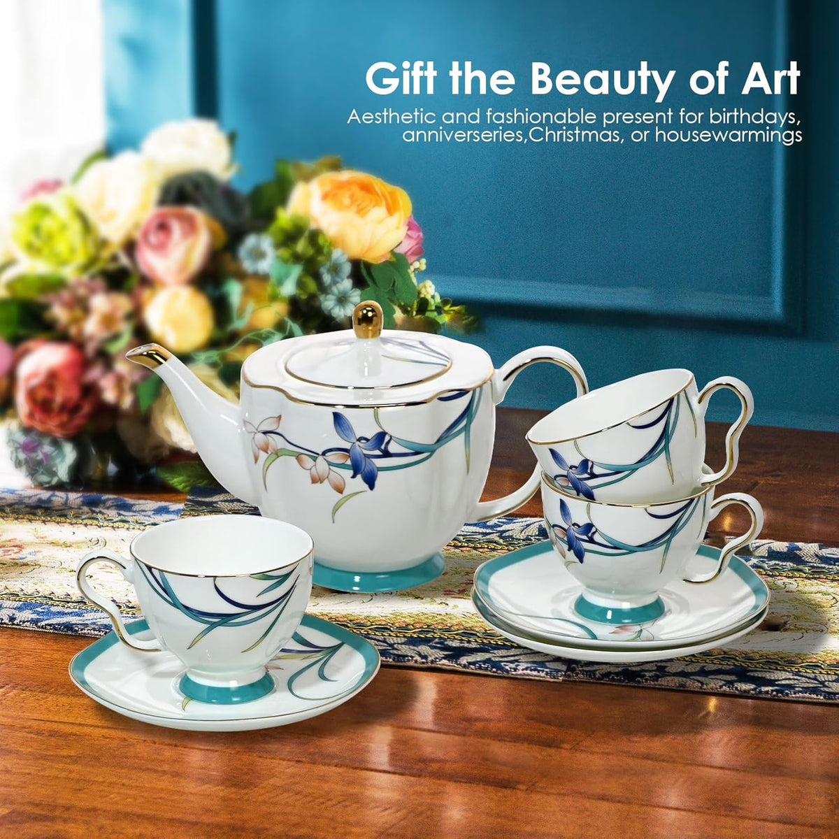 ACMLIFE Tea Cups and Saucers for 1, Bone China Teacup Set for Adults with Gold Trim and Gift Box, Blue and White Chinese English British Wedding Tea Set for One Coffee Cup Set 6.8 oz (Blue-Bamboo)