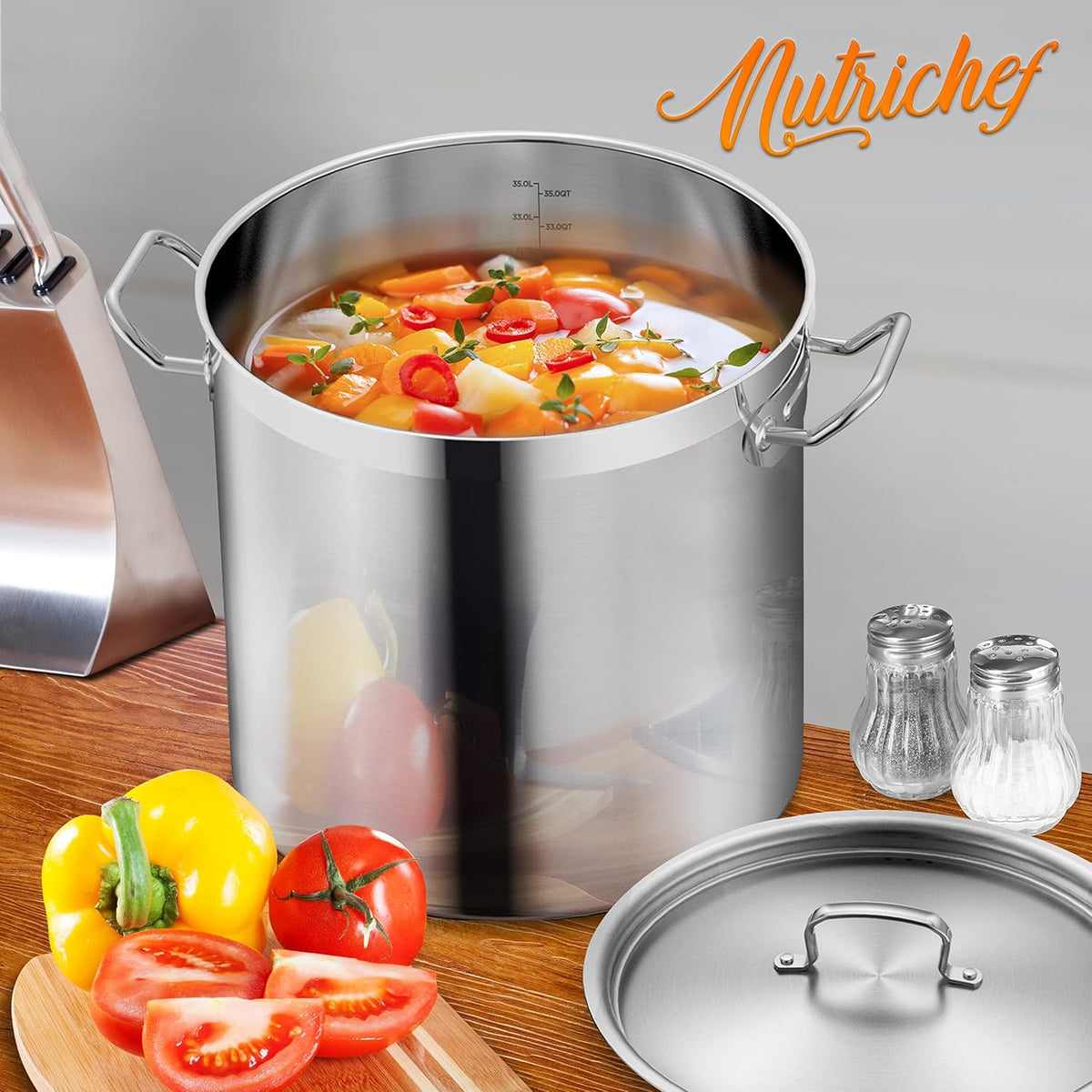 Nutrichef Stainless Steel Cookware Stockpot, 35 Quart Heavy Duty Induction Soup Pot With Stainless Steel Lid And Strong Riveted Handles, Even Heat Distribution, Compatible With Most Cooktops